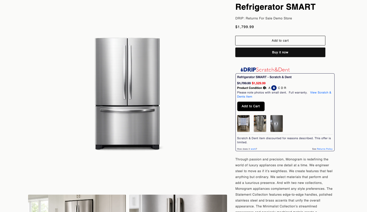 Returns For Sale demo, the DRIP widget live on a product page