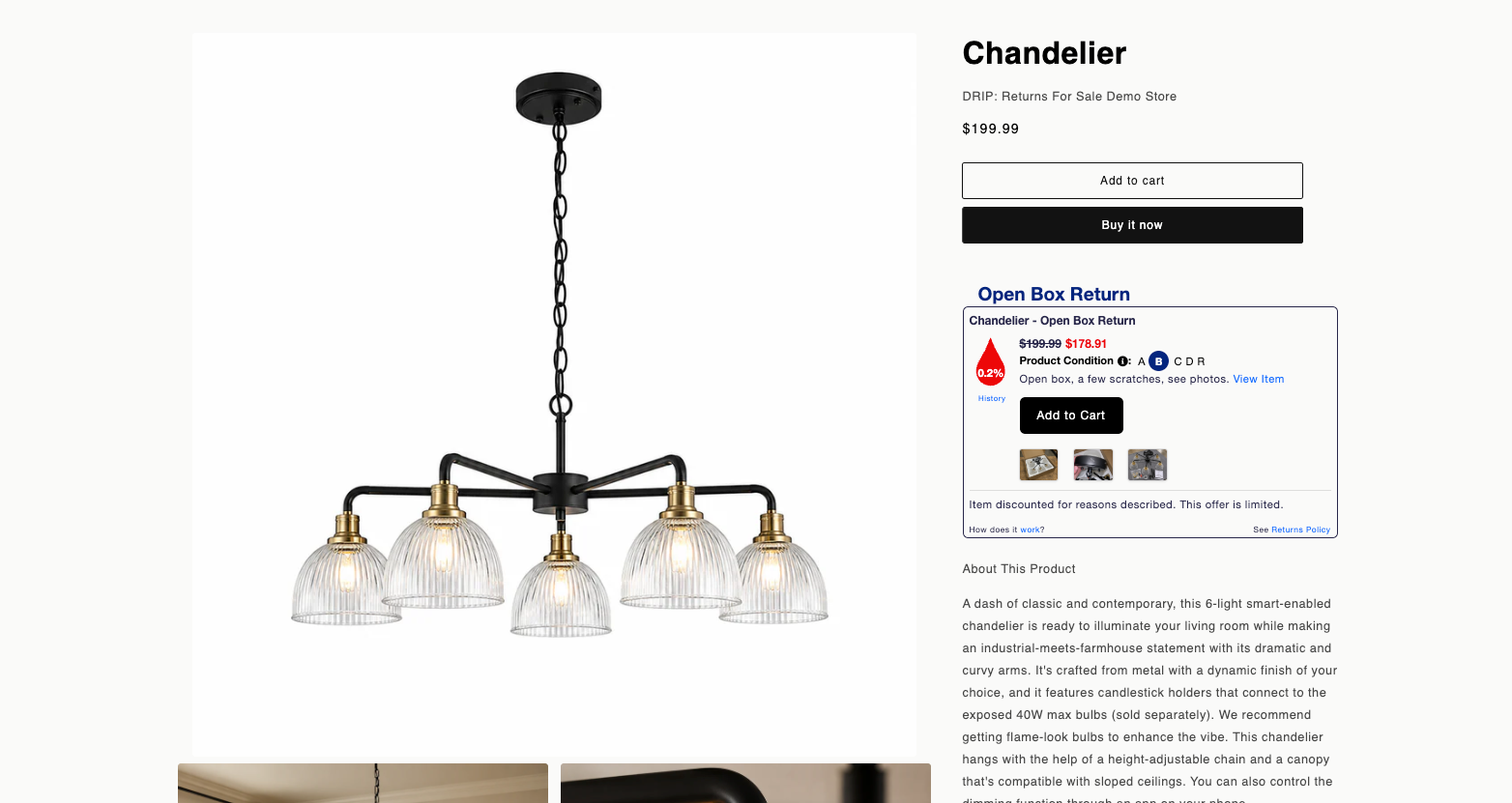 Returns For Sale demo, the DRIP widget live on a product page