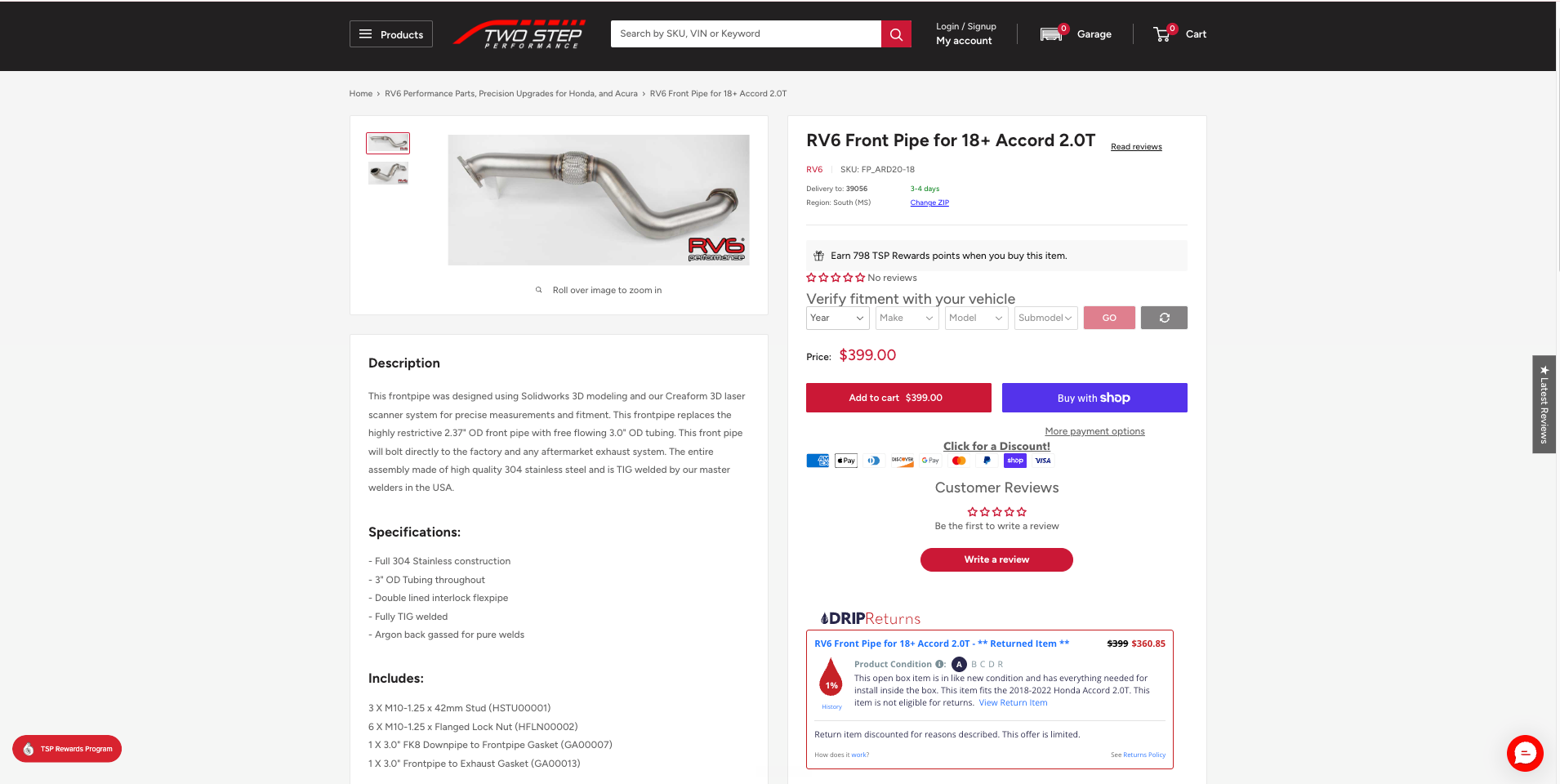 Returns For Sale demo, the DRIP widget live on a product page