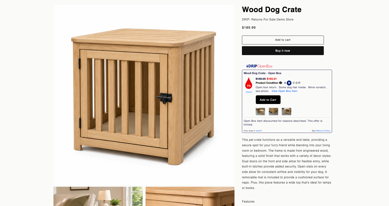 Returns For Sale demo, the DRIP widget live on a product page
